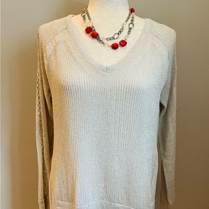 LUCKY BRAND Knit Metallic V-Neck Sweater Raglan Sleeves Lined Ivory Small Petite